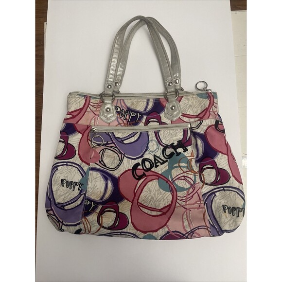 Coach Handbags - HAPPY COACH 17929 Poppy Multi Heart PINK PURPLE Glam 18x12 Tote Bag RARE